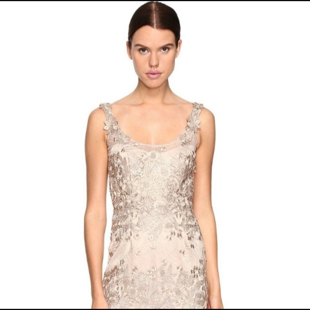 Champagne Marchesa Notte Embroidered Sheath Dress